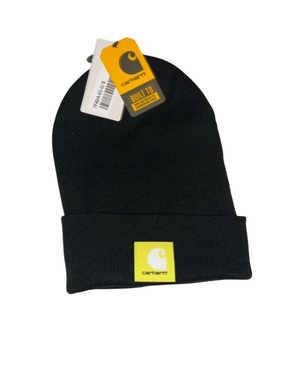 NWT Carhartt Black Acrylic Knit Beanie With Gummy Yellow Logo Patch  MSRP $30